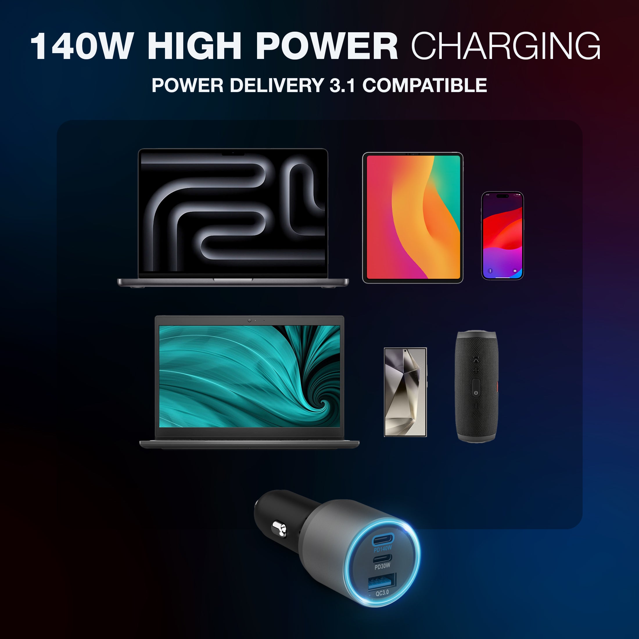 140W 3 IN 1 USB Car Charger