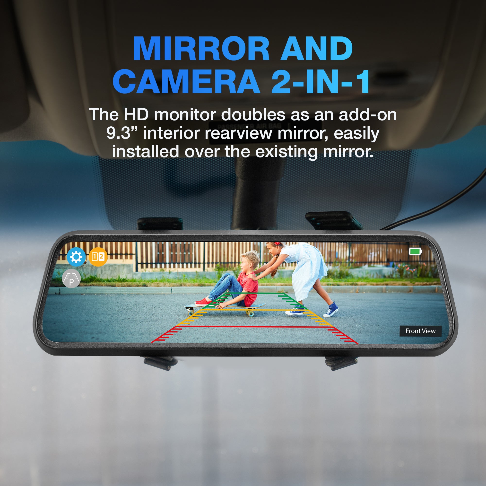 TYPE S Solar Powered Portable License Plate Frame Backup Camera with HD monitor built into rear-view mirror. Smart Wireless Button Control