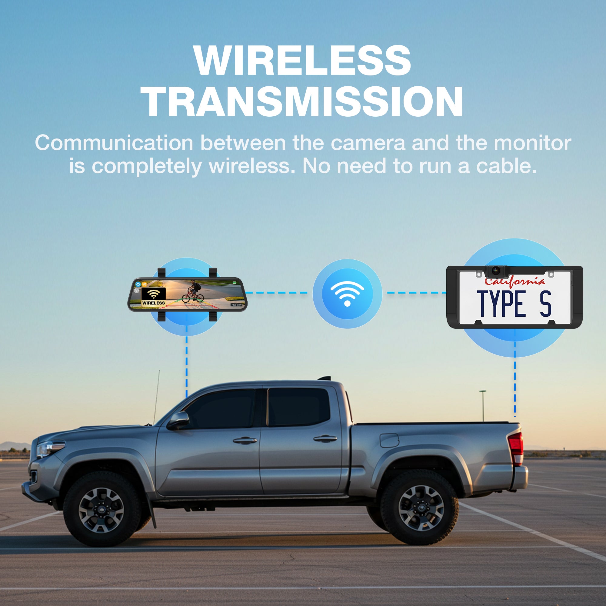 TYPE S Solar Powered Portable License Plate Frame Backup Camera with HD monitor built into rear-view mirror. Smart Wireless Button Control