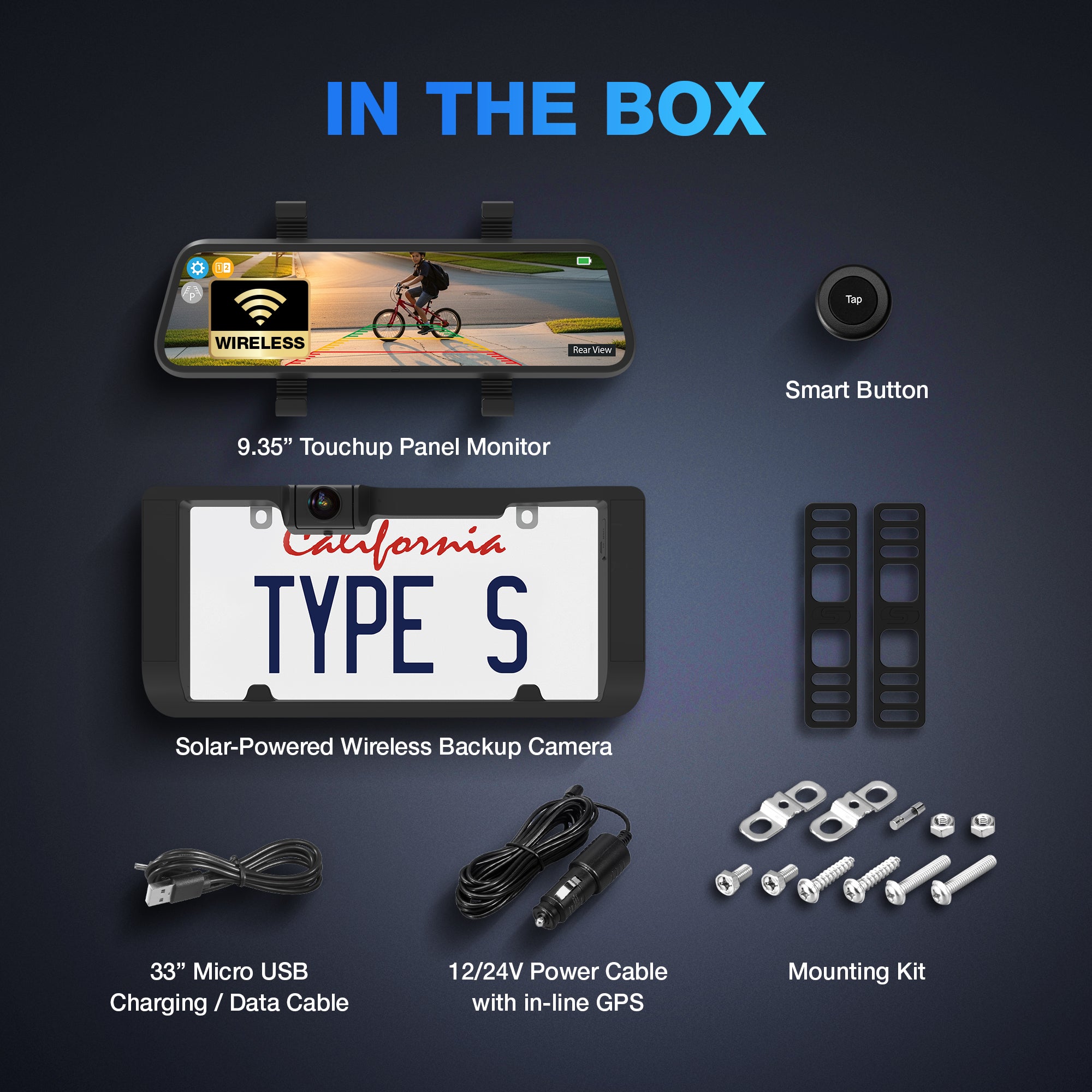 TYPE S Solar Powered Portable License Plate Frame Backup Camera with HD monitor built into rear-view mirror. Smart Wireless Button Control