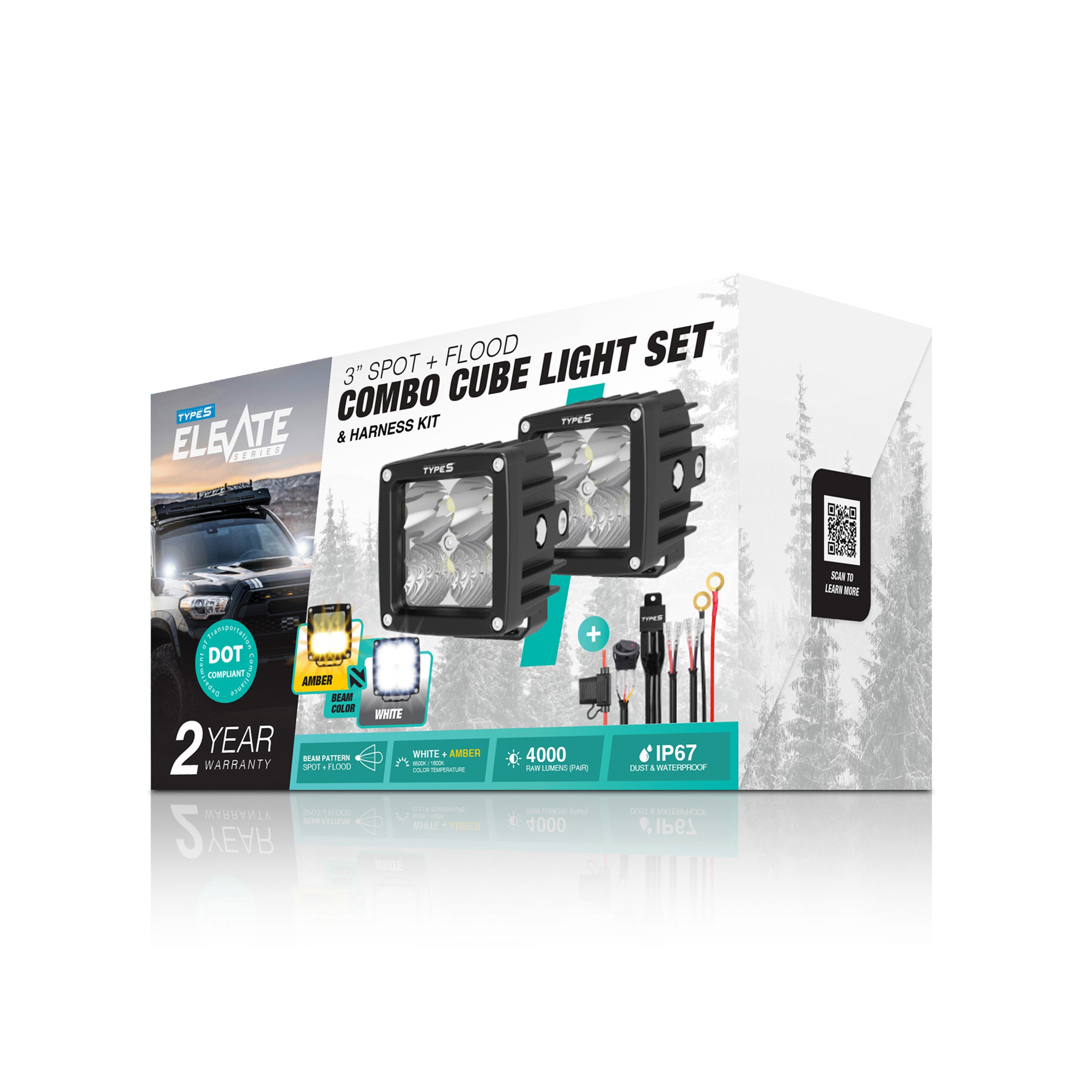 Elevate 3” Spot and Flood Combo Cube Light Set & Harness Kit
