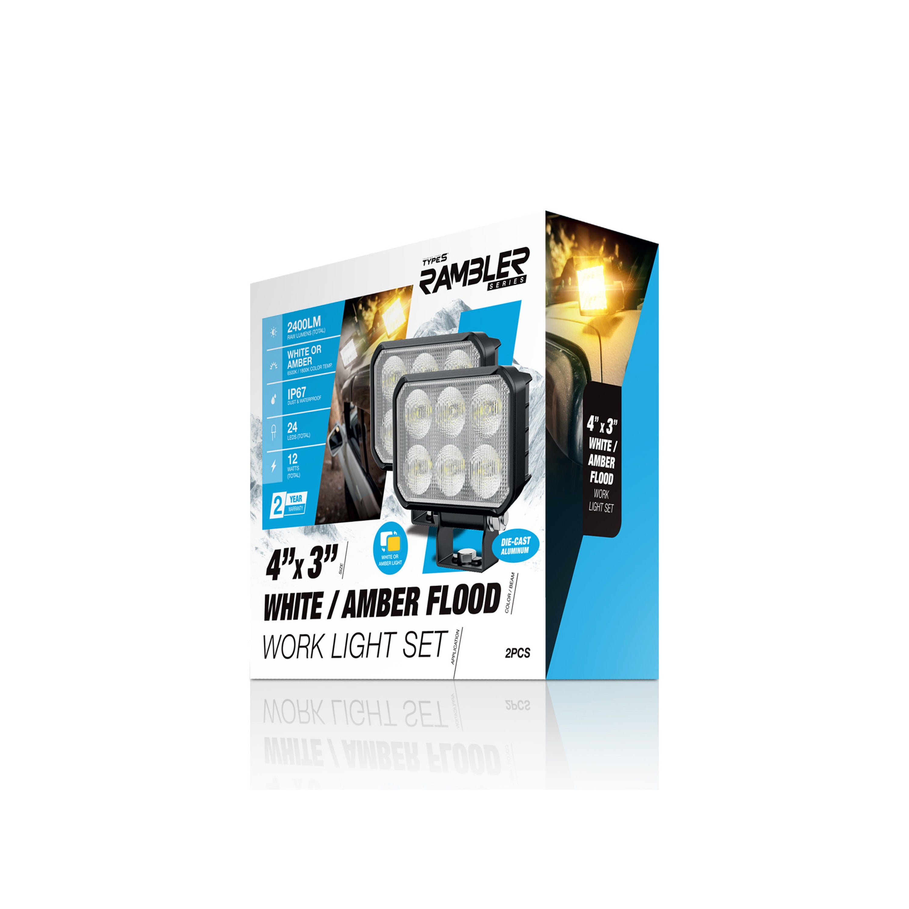 4 inch x 3 inch White + Amber Flood Work Light Set