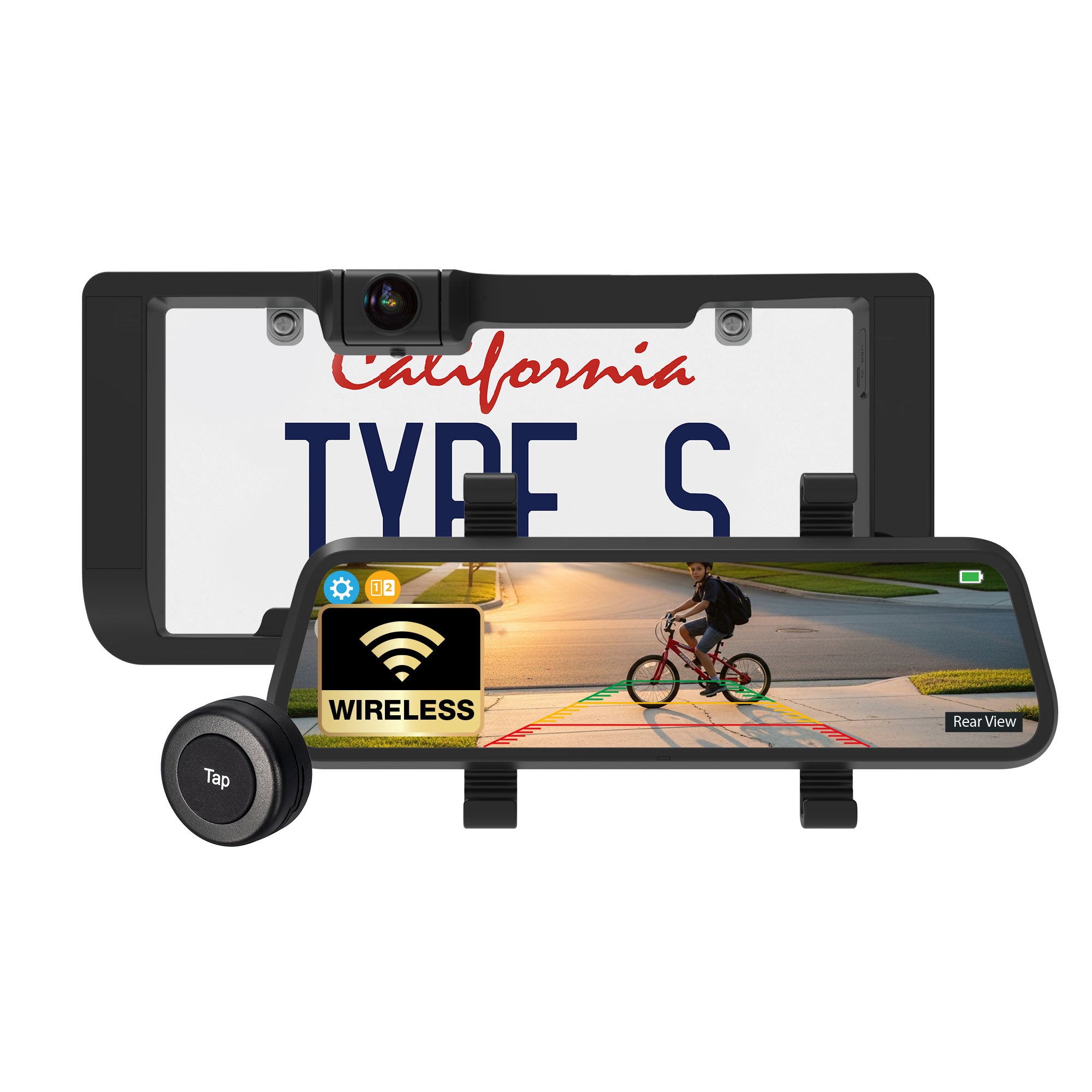 TYPE S Solar Powered Portable License Plate Frame Backup Camera with HD monitor built into rear-view mirror. Smart Wireless Button Control
