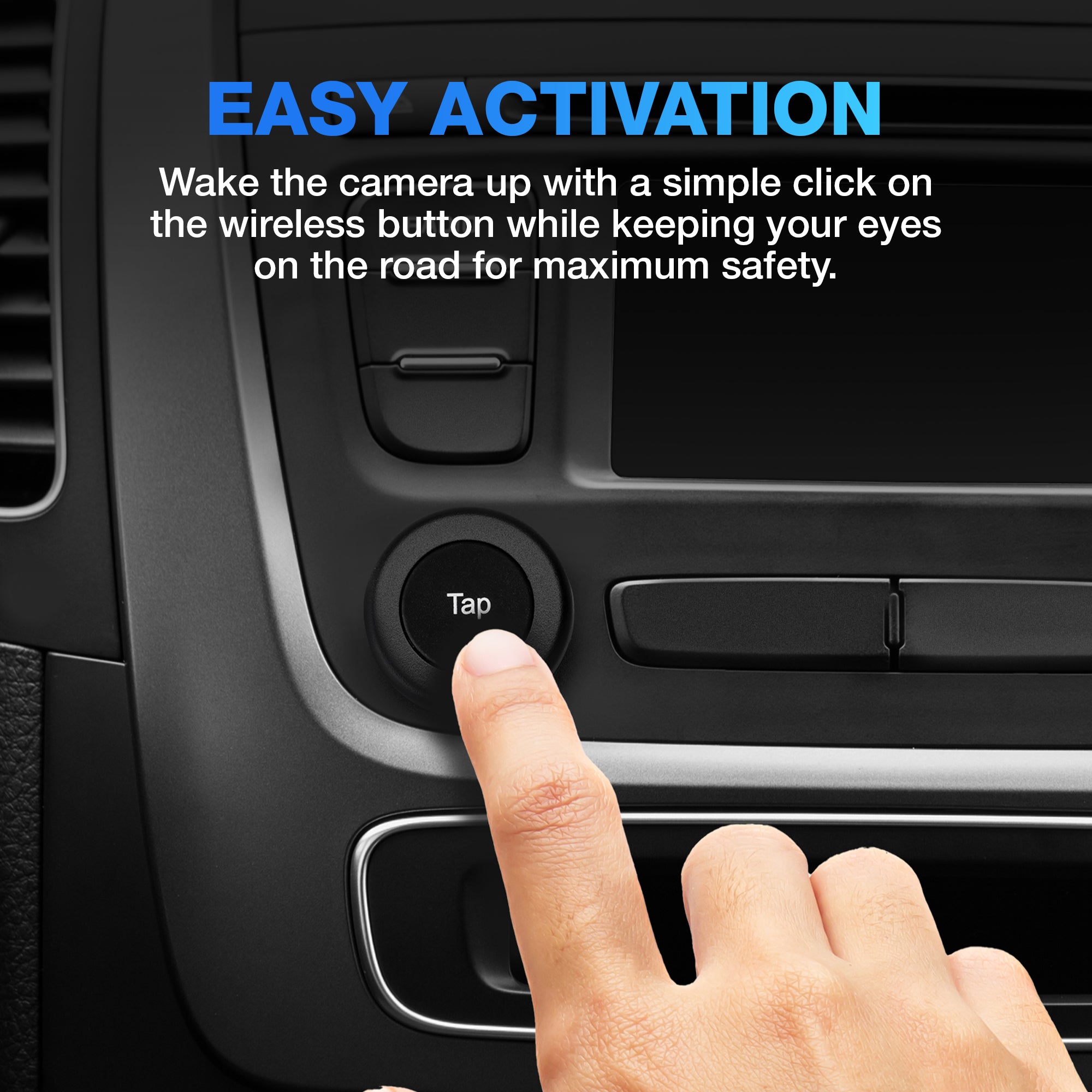 TYPE S Solar Powered Portable License Plate Frame Backup Camera with HD monitor built into rear-view mirror. Smart Wireless Button Control