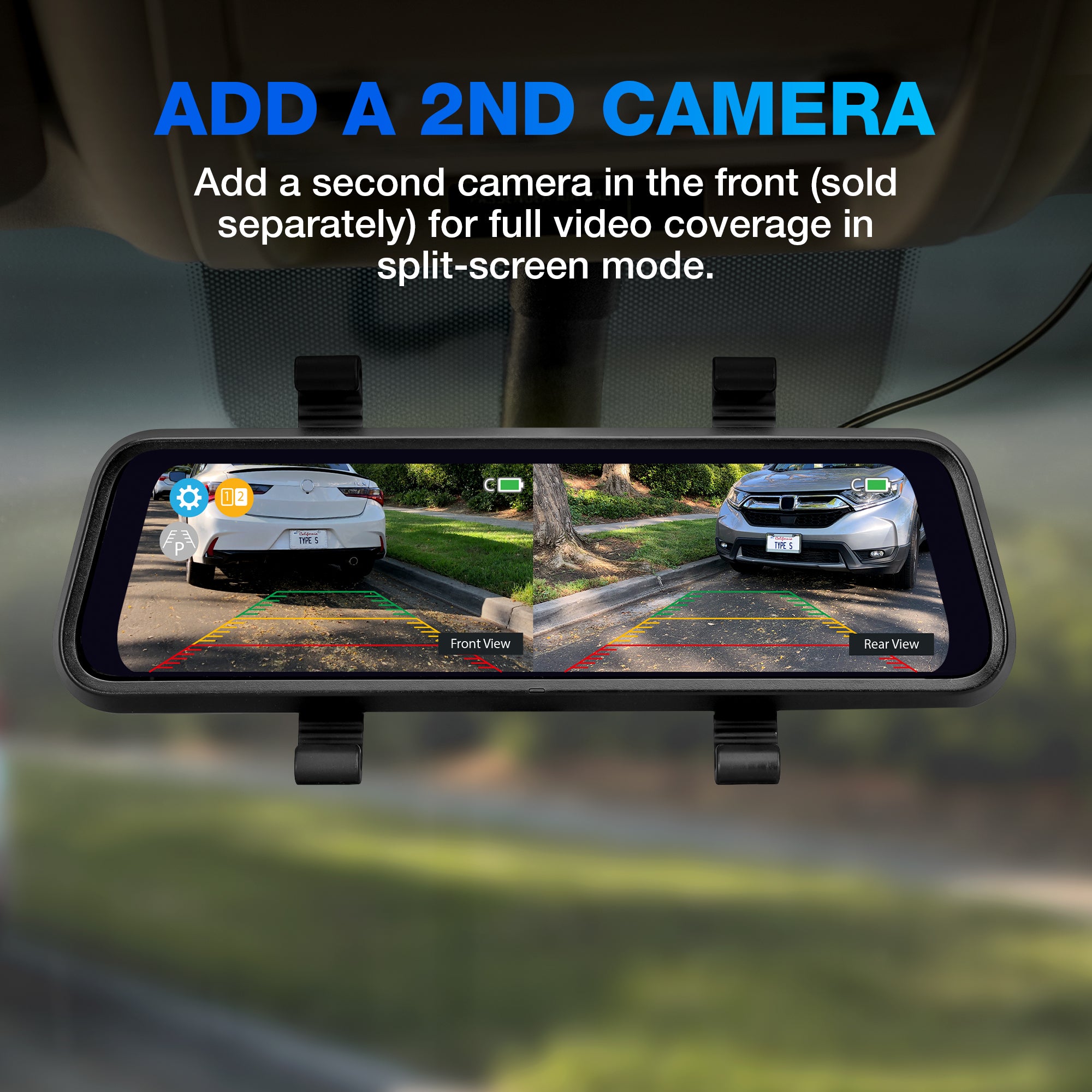 TYPE S Solar Powered Portable License Plate Frame Backup Camera with HD monitor built into rear-view mirror. Smart Wireless Button Control