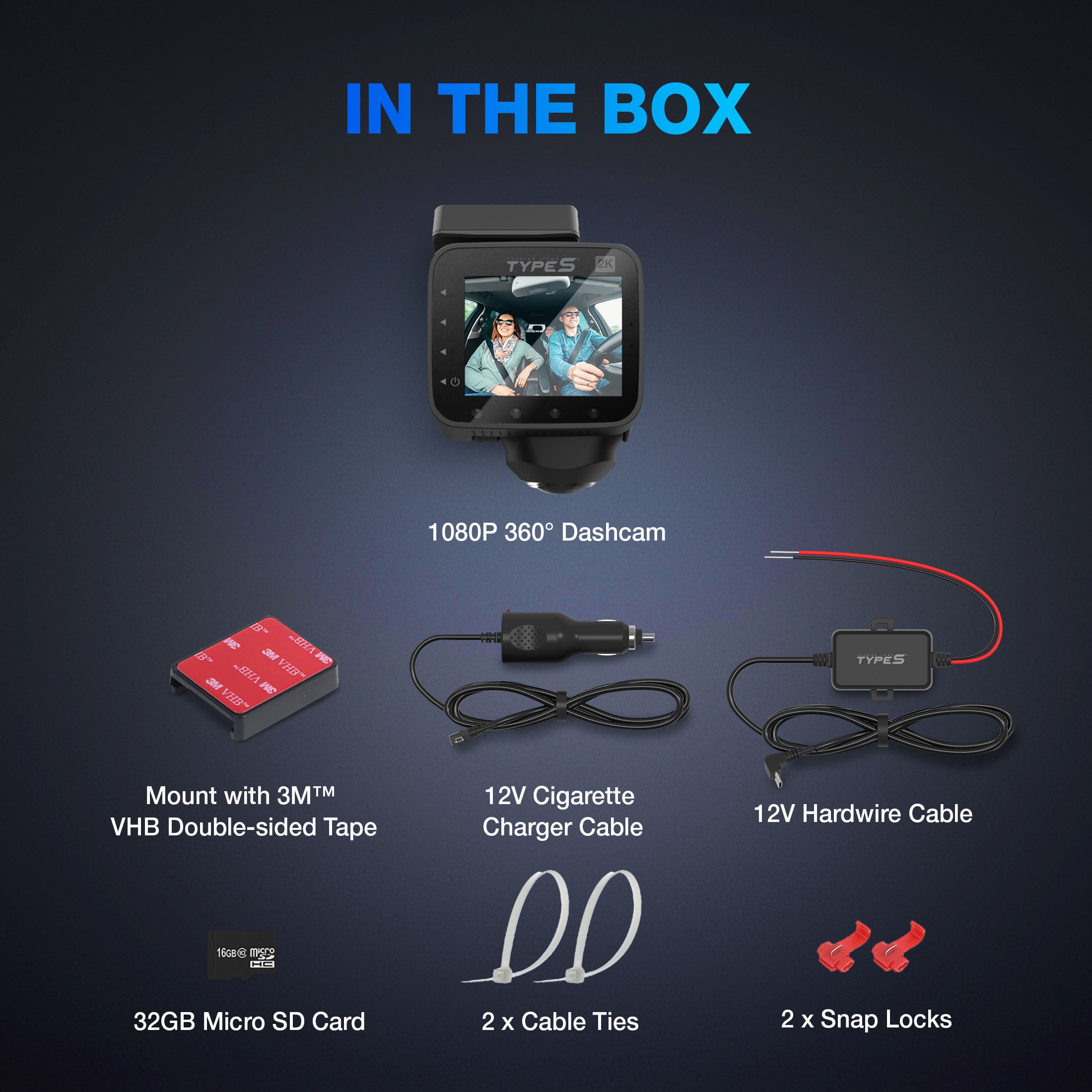 Type S P200 PRO Smart 360 Dashcam, 2K Resolution with VR Recording Mode, GPS and G-Sensor Built-in