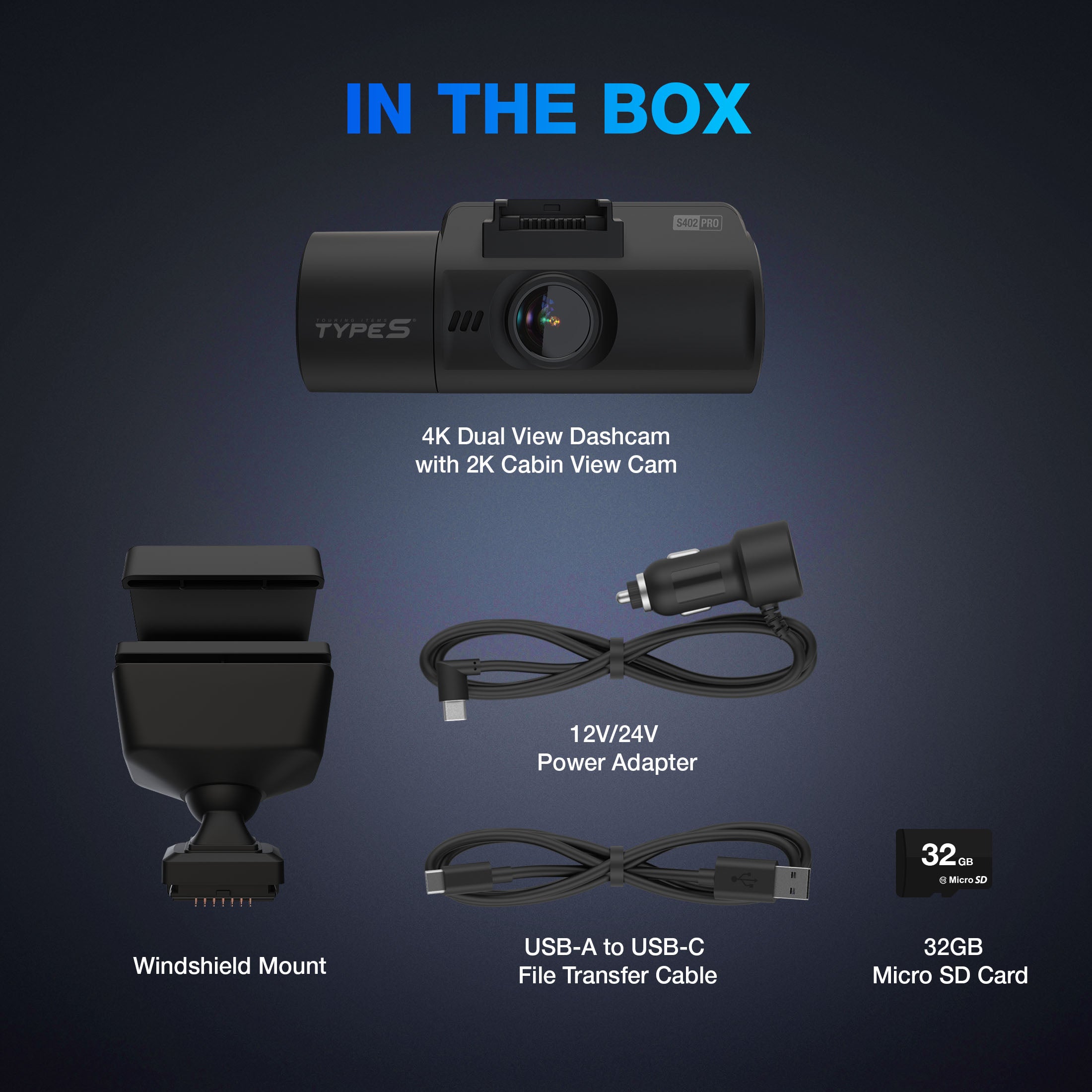 TYPE S S402 Pro Ultra HD 4K Dual View Dashcam with 2K Cabin View Cam
