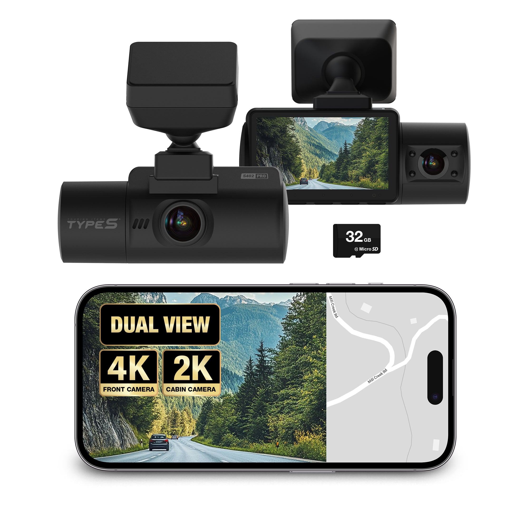 TYPE S S402 Pro Ultra HD 4K Dual View Dashcam with 2K Cabin View Cam