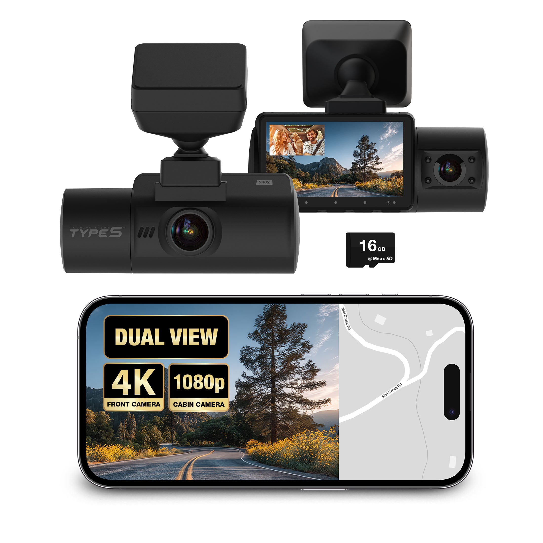 TYPE S S402 Ultra HD 4K Dual View Dashcam with FHD Cabin View Cam